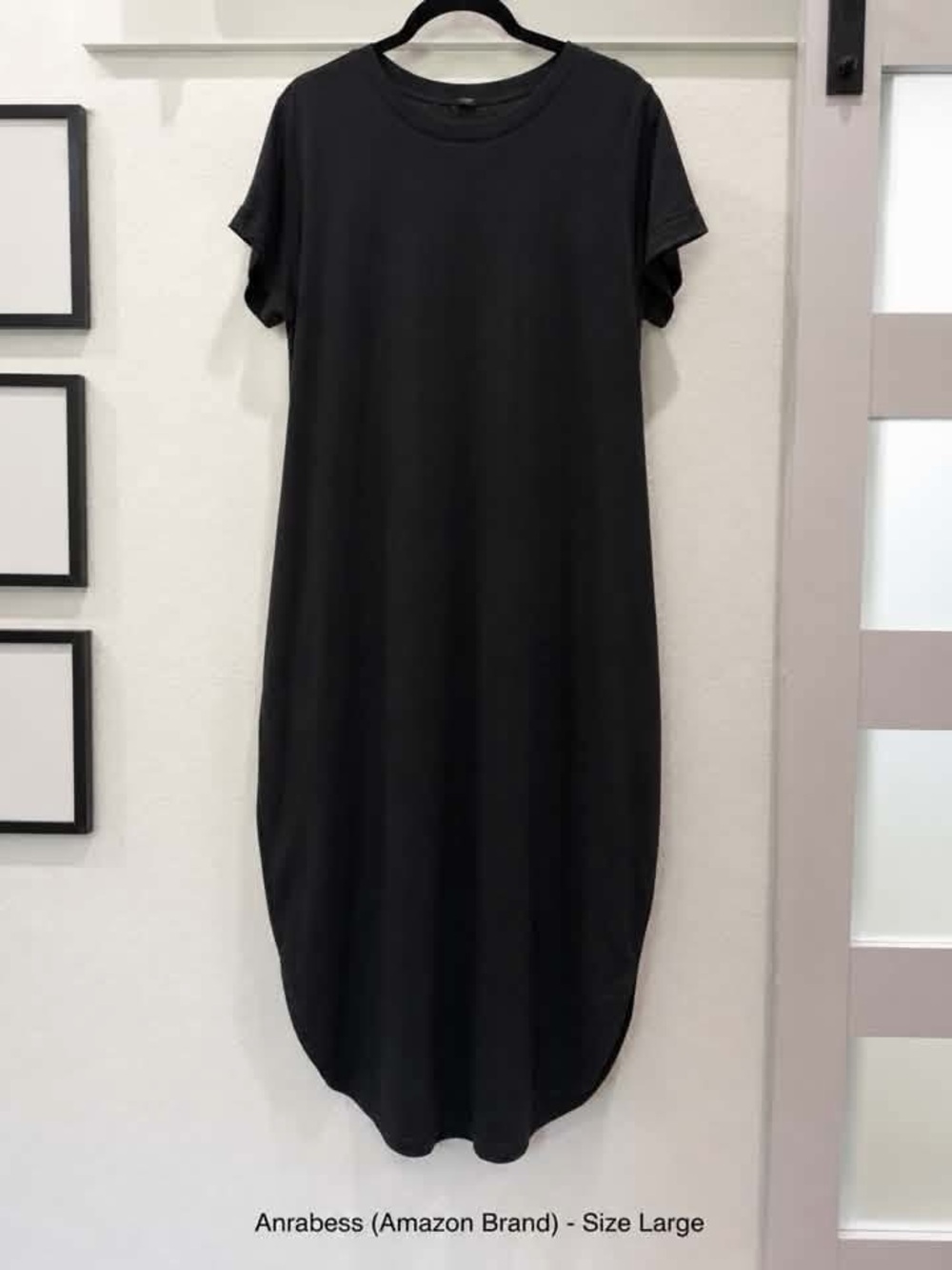 Anrabess Black Short-Sleeve Midi Dress with Crew Neck